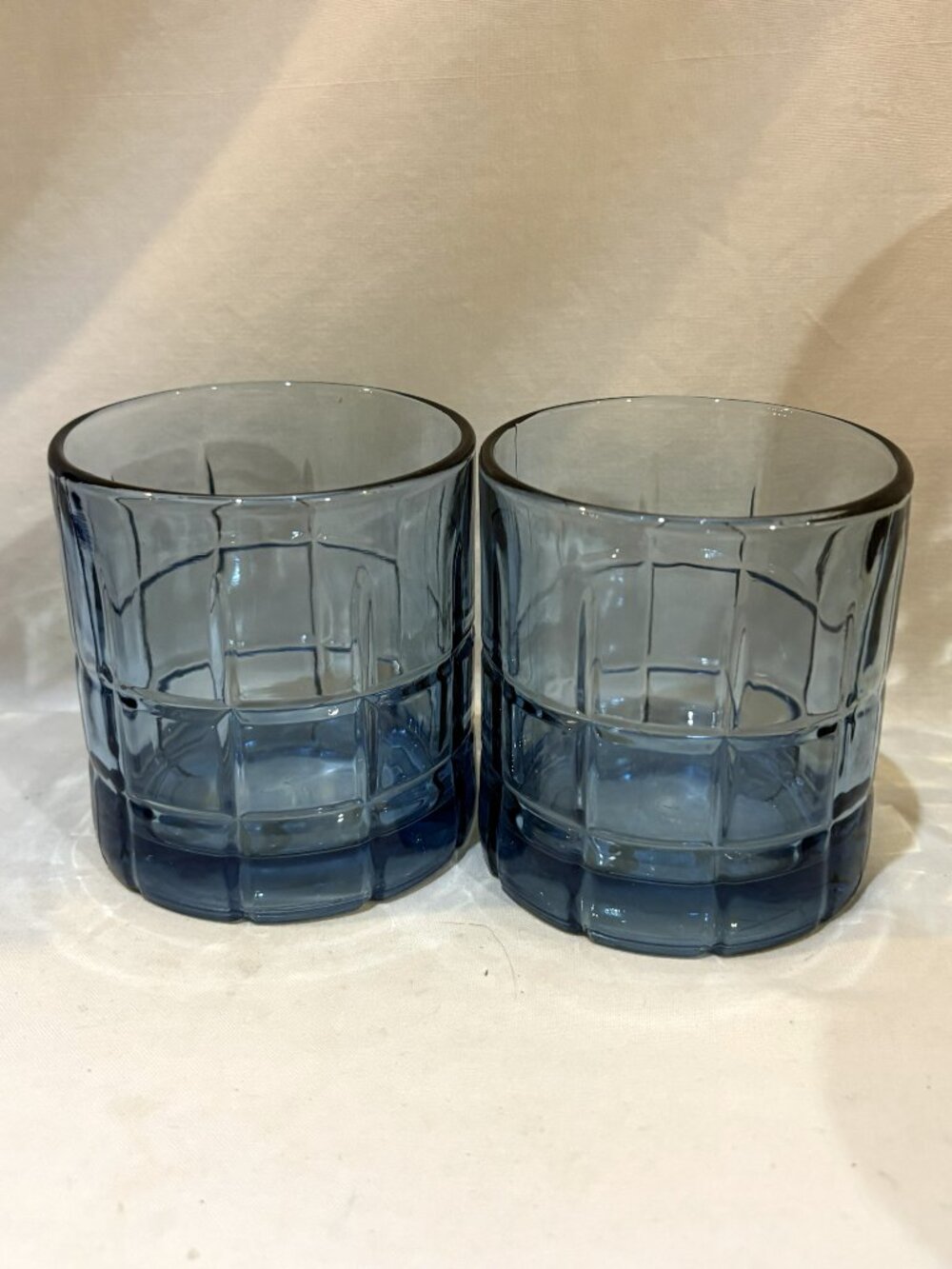 Pair of VTG Anchor Hocking Whiskey Glass Tartan Plaid Rocks Lowball Blue Glass